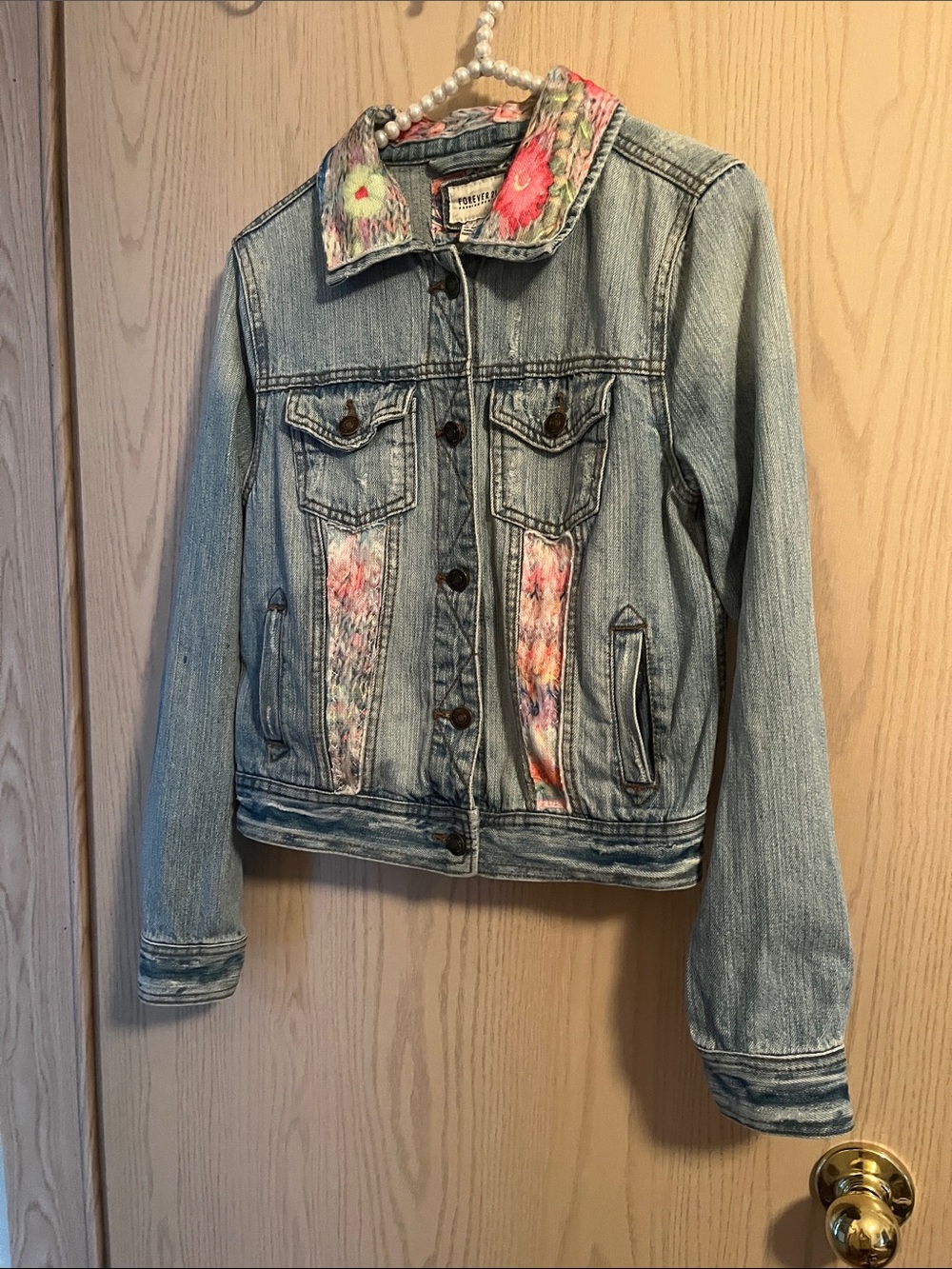 Forever 21 Light Wash Denim Jacket with Multicolor Floral Trim
